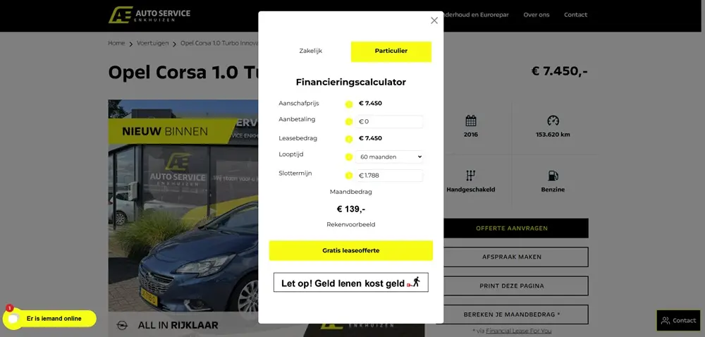 Leasecalculator op de website van een partner-autobedrijf