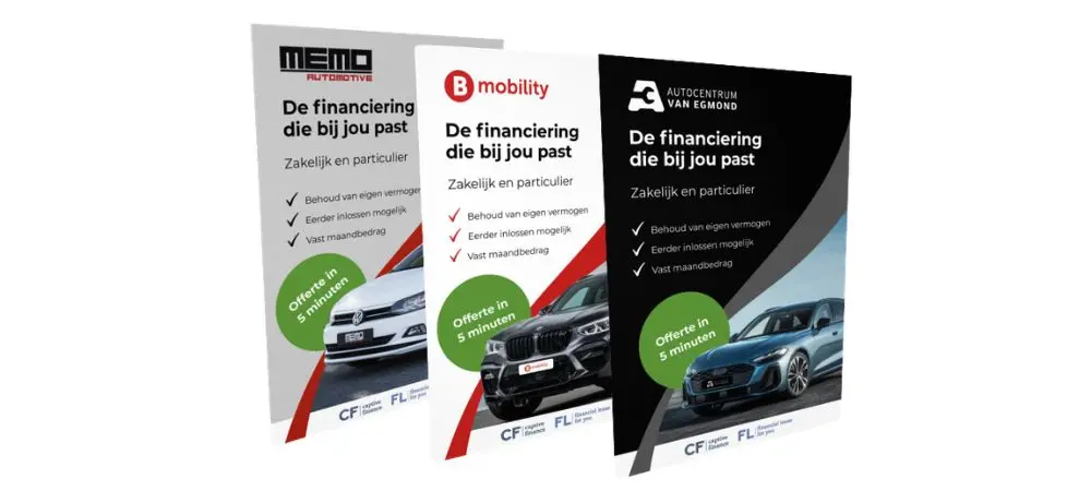 Flyers en showroommateriaal in de huisstijl van het autobedrijf